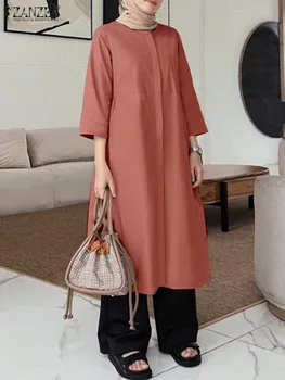 ZANZEA אופנה הקיץ ארוך חולצת נשים אלגנטי 3/4 שרוול המוסלמים החולצה מזדמן חופשי האסלאמית בגדים מוצק Abaya חיג ' אב מקסימום